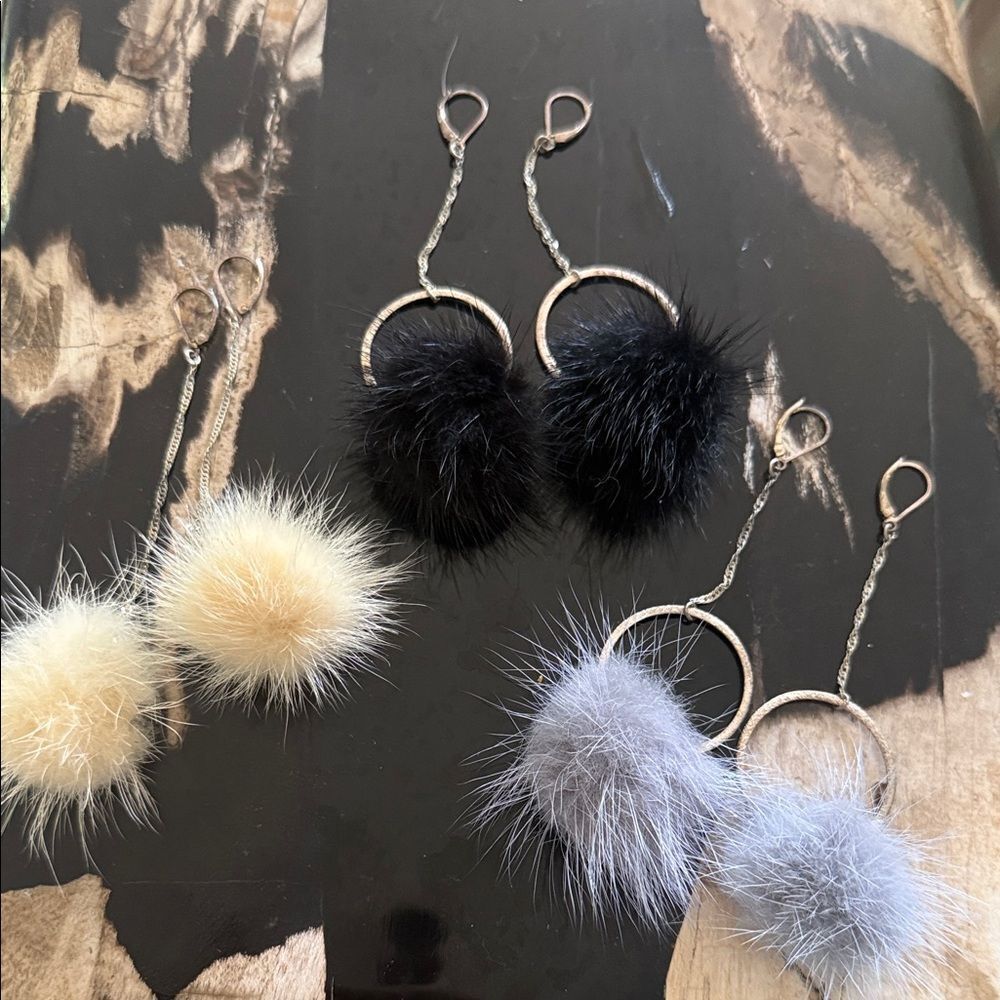 Faux Fur Pom Pom Earrings, Long Earrings LIKE NEW